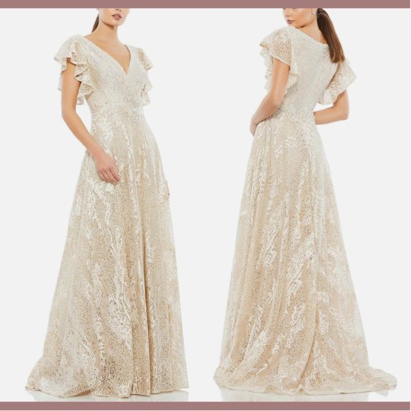 NWT‎ $798 Mac Duggal [ 18 ] Embroidered Flutter Sleeve V-Neck Gown Ivory #S738